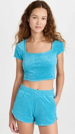 New ???? Alo Yoga Terry Beachside Short Sleeve ???? Shirt Blue Splash ????