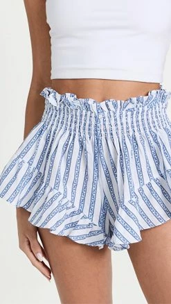 Deals ???? CAROLINE CONSTAS Ruffle Shorts White/Blue Toile Stripe ????