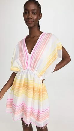Hot Sale ???? Lemlem Jamila Short Plunge Neck ???? Dress Stripe Sunrise ❤️