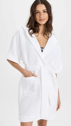 Best Sale ???? Lisa Marie Fernandez Hooded ???? Dressing Gown Short Coverup White Honeycomb Pique ⌛