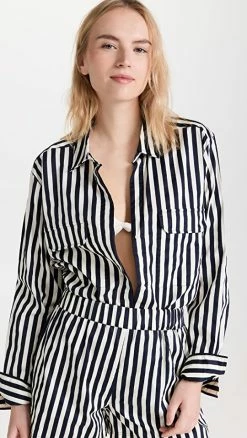 Cheapest ???? MIKOH Rotuma Button Up Long Sleeve ???? Shirt French Stripe Aquarium ????