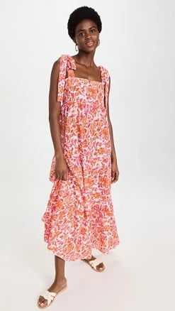 Outlet ⌛ Playa Lucila Tie Shoulder ???? Dress Pink/Orange Floral ✔️