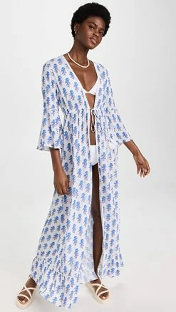Deals ???? Playa Lucila Maxi Kimono Blue Border Print ✔️