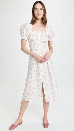 Budget ???? Sleeper Marquise Linen ???? Dress In Roses White/Pink ????